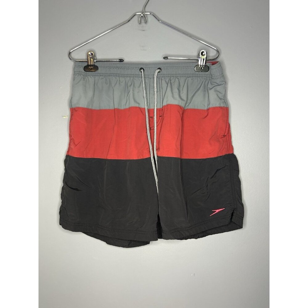 Speedo Swim Trunks Men’s Size 30 L Unlined Drawstring Black Red Grey Pockets